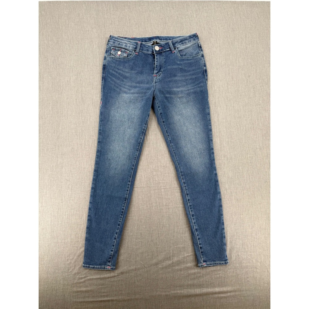 True Religion Skinny Jeans Womens 28 Medium Wash Pink Stitch Flap Pocket Denim